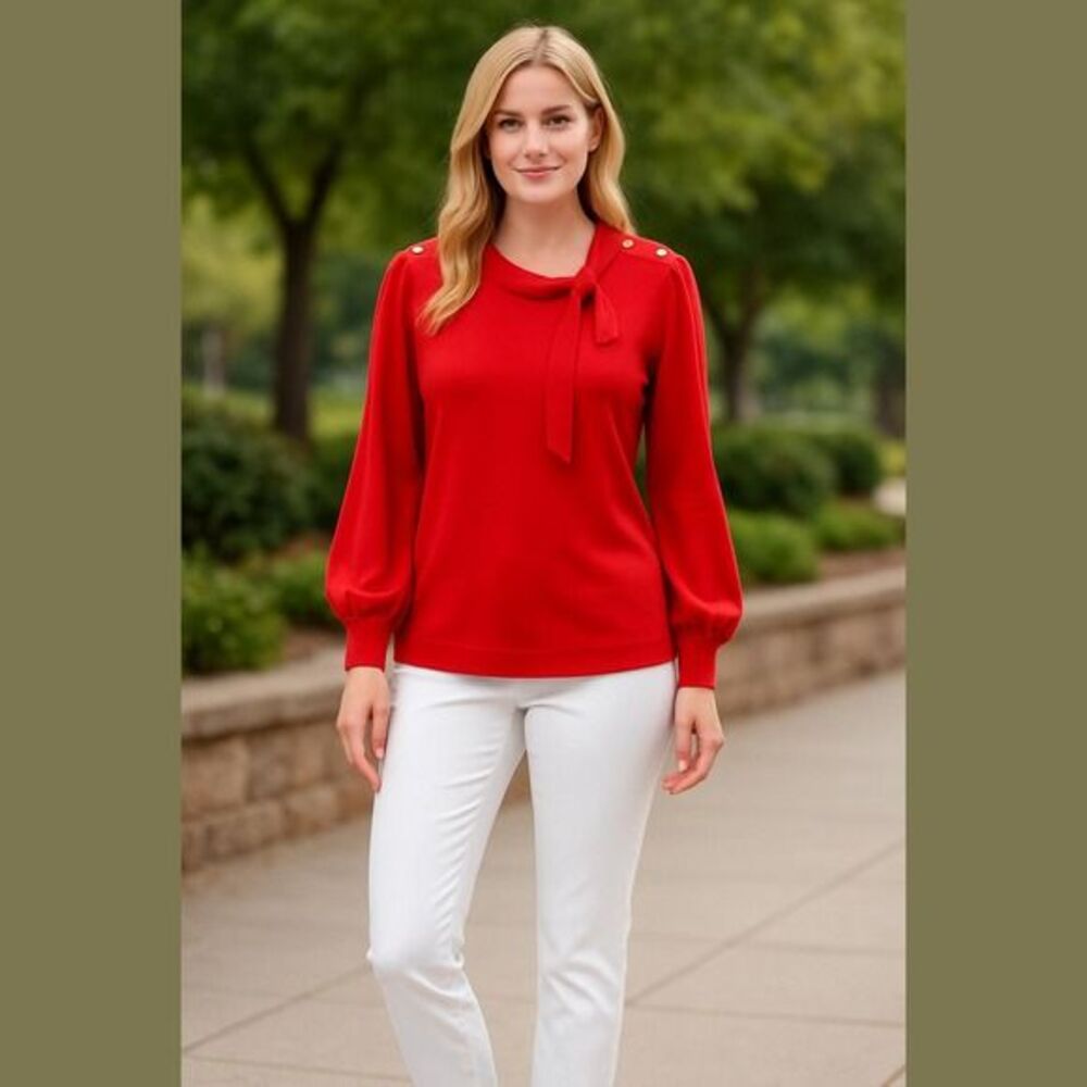 Liz Claiborne red long puff sleeve with mock neck with tie and bow woman's PL